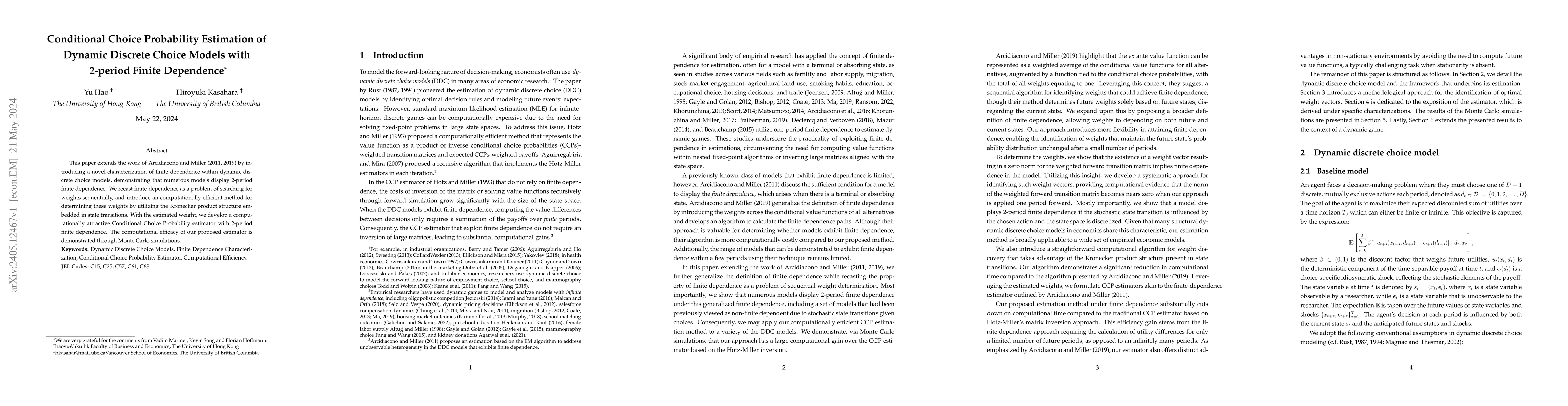 Thumbnail for Conditional Choice Probability Estimation of Dynamic Discrete Choice
  Models with 2-period Finite Dependence