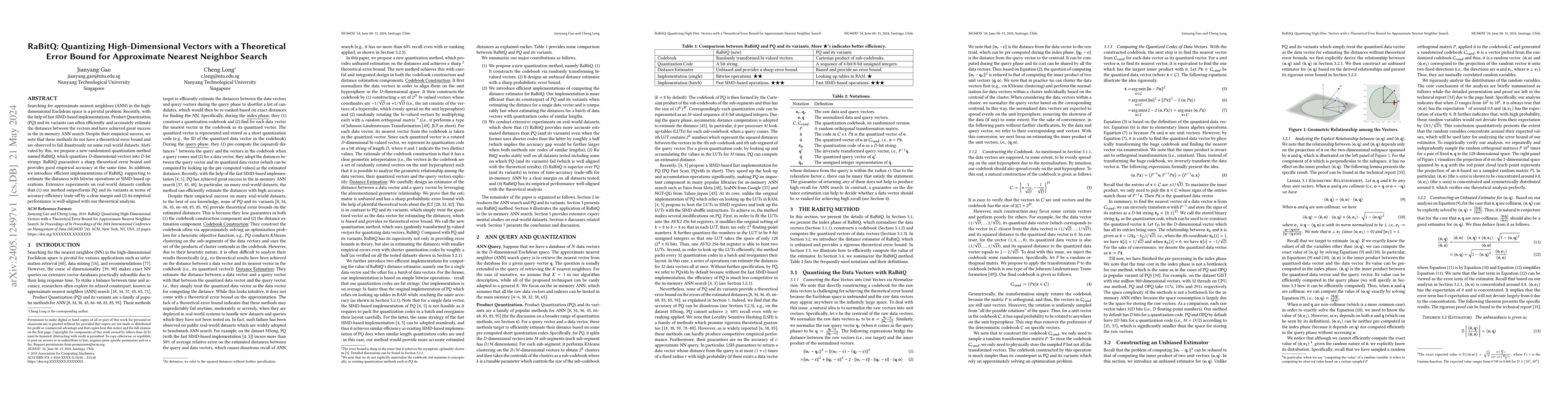 Thumbnail for RaBitQ: Quantizing High-Dimensional Vectors with a Theoretical Error
  Bound for Approximate Nearest Neighbor Search