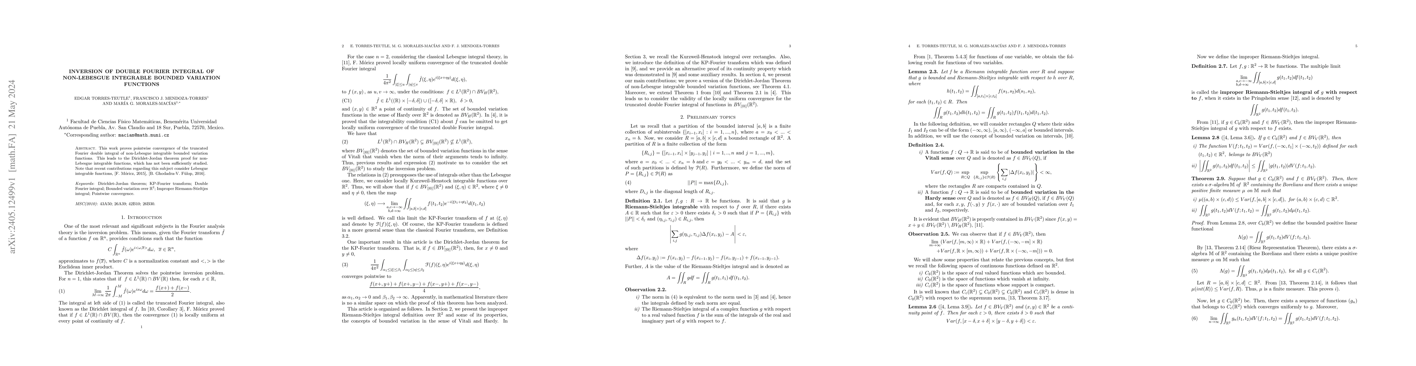 Thumbnail for Inversin of double Fourier integral of non-Lebesgue integrable bounded
  variation functions