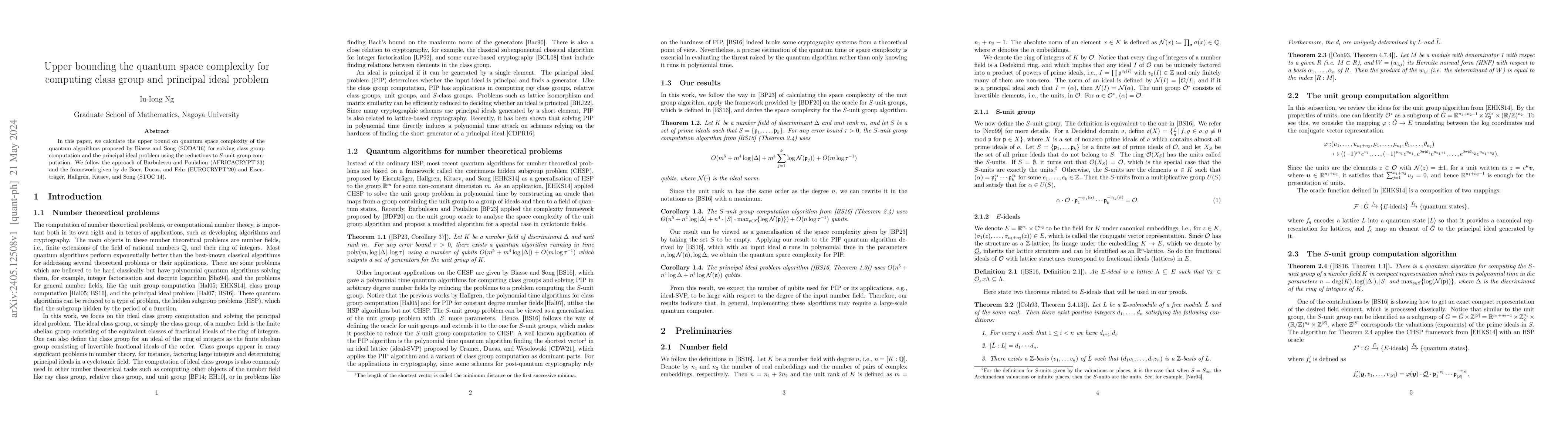 Thumbnail for Upper bounding the quantum space complexity for computing class group
  and principal ideal problem
