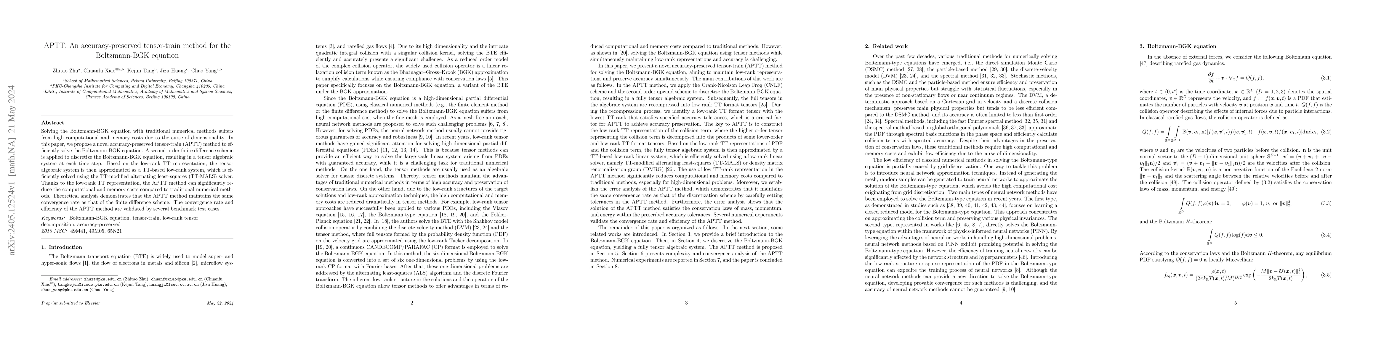Thumbnail for APTT: An accuracy-preserved tensor-train method for the Boltzmann-BGK
  equation
