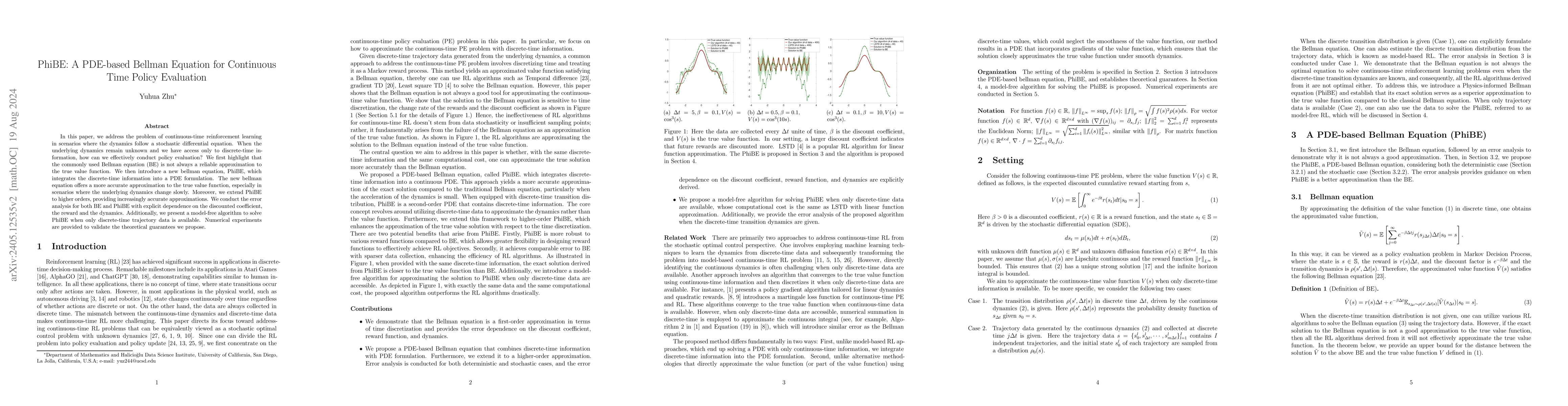 Thumbnail for PhiBE: A PDE-based Bellman Equation for Continuous Time Policy
  Evaluation