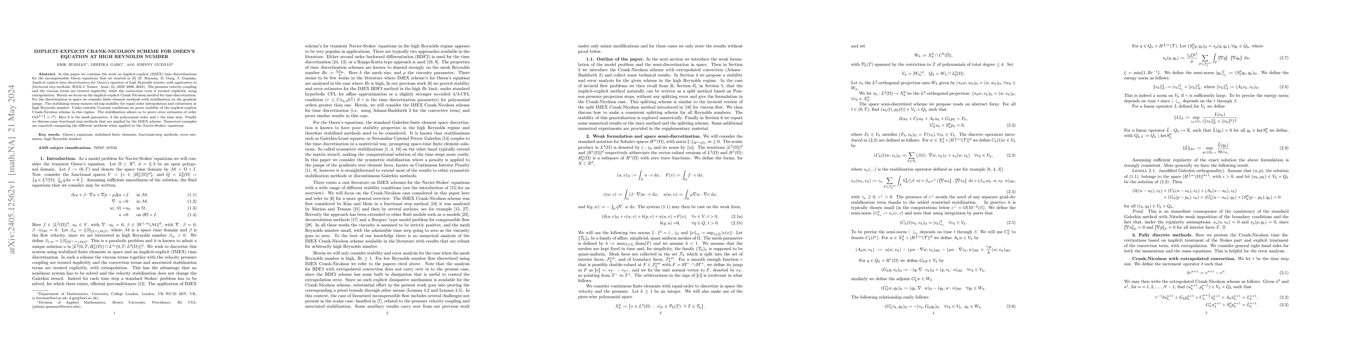 Thumbnail for Implicit-explicit Crank-Nicolson scheme for Oseen's equation at high
  Reynolds number
