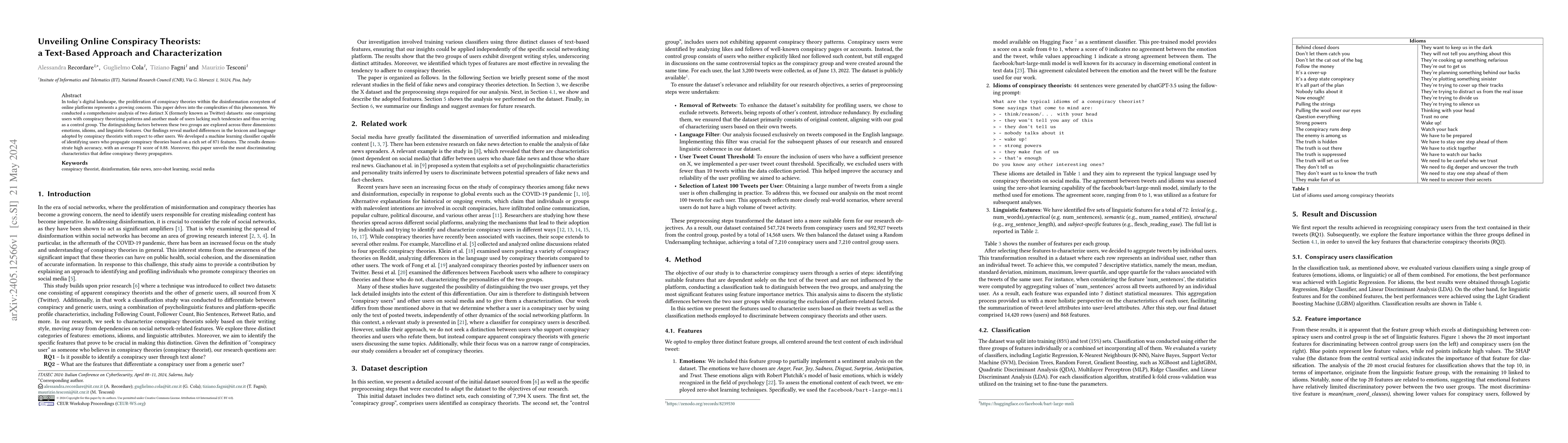 Thumbnail for Unveiling Online Conspiracy Theorists: a Text-Based Approach and
  Characterization