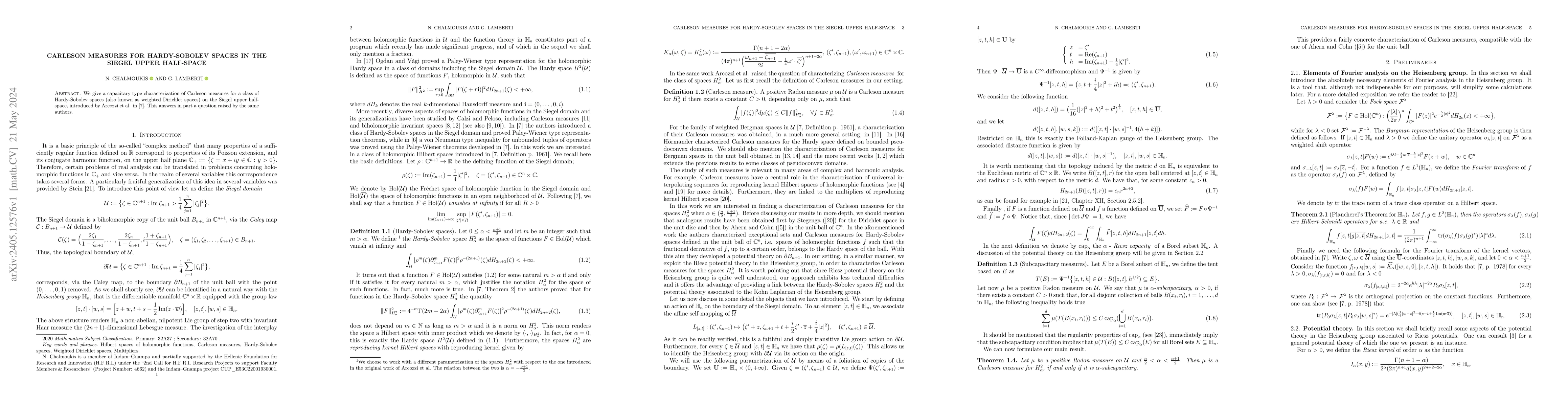 Thumbnail for Carleson measures for Hardy-Sobolev spaces in the Siegel upper
  half-space