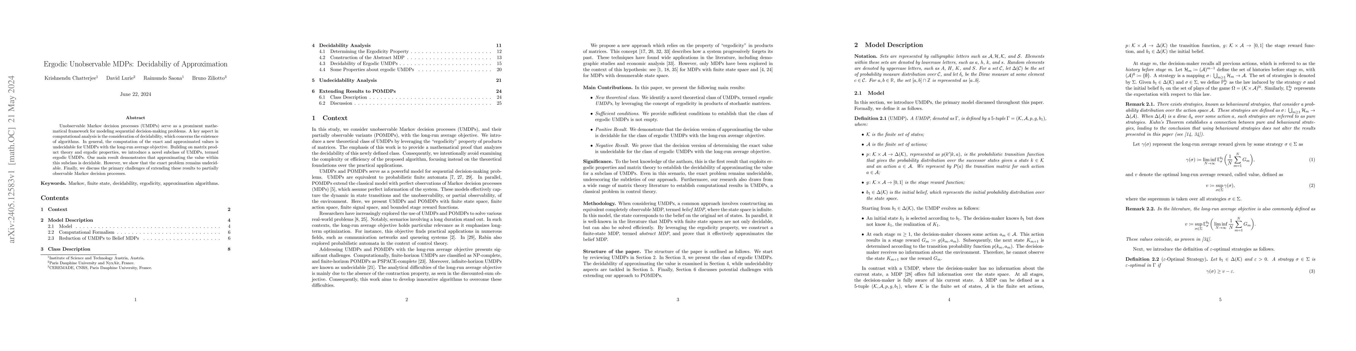 Thumbnail for Ergodic Unobservable MDPs: Decidability of Approximation