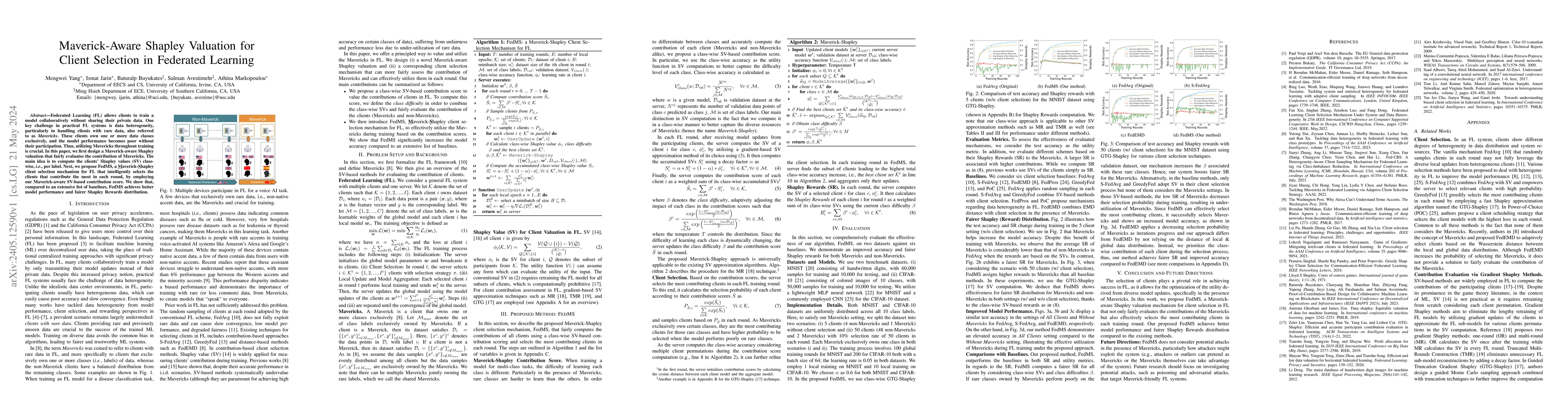 Thumbnail for Maverick-Aware Shapley Valuation for Client Selection in Federated
  Learning