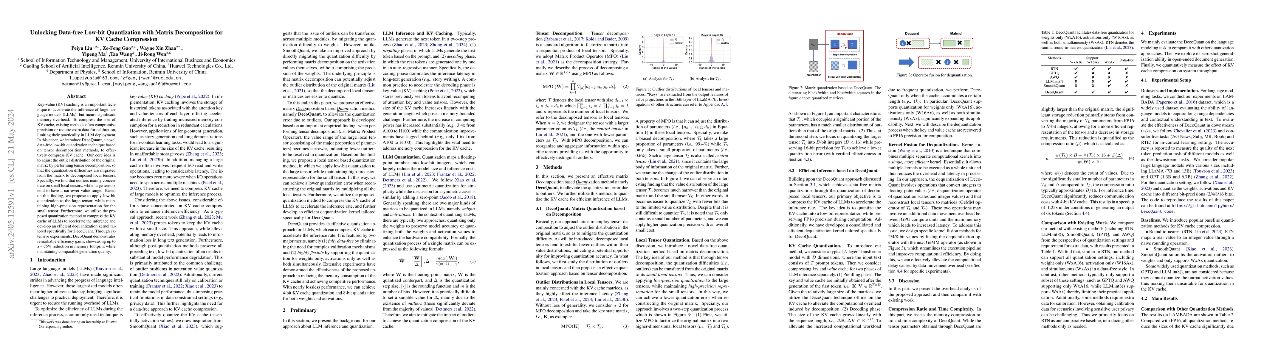 Thumbnail for Unlocking Data-free Low-bit Quantization with Matrix Decomposition for
  KV Cache Compression