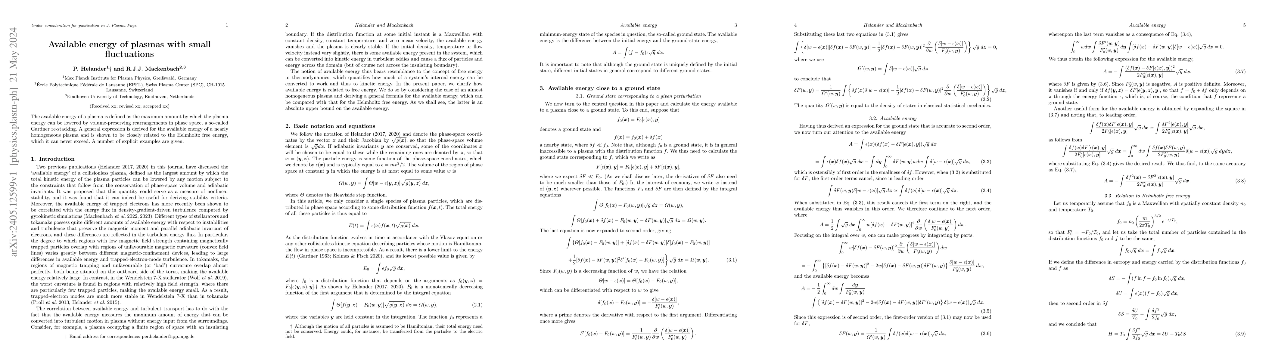 Thumbnail for Available energy of plasmas with small fluctuations