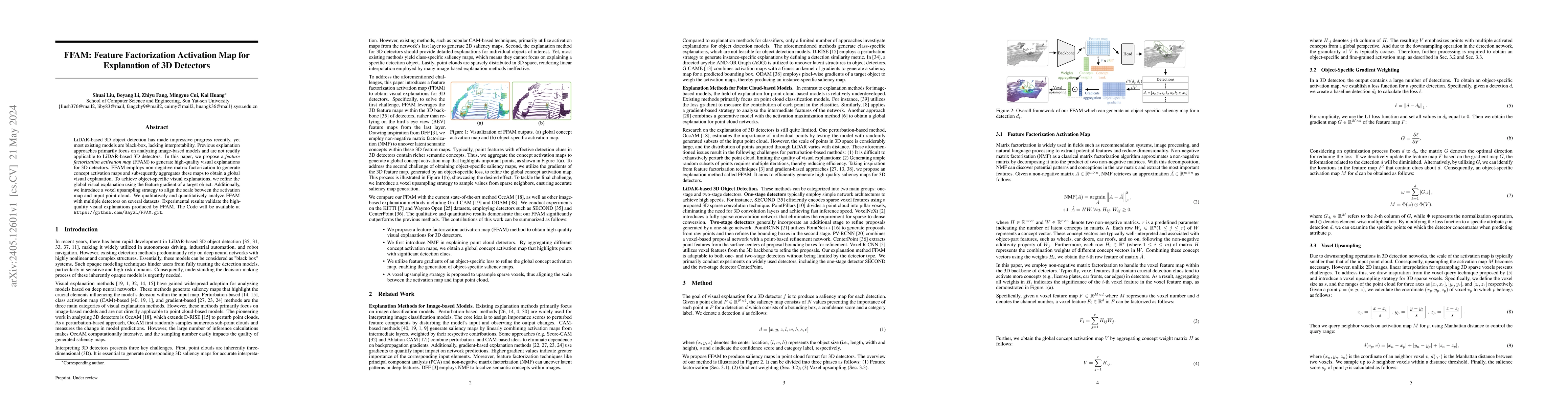 Thumbnail for FFAM: Feature Factorization Activation Map for Explanation of 3D
  Detectors