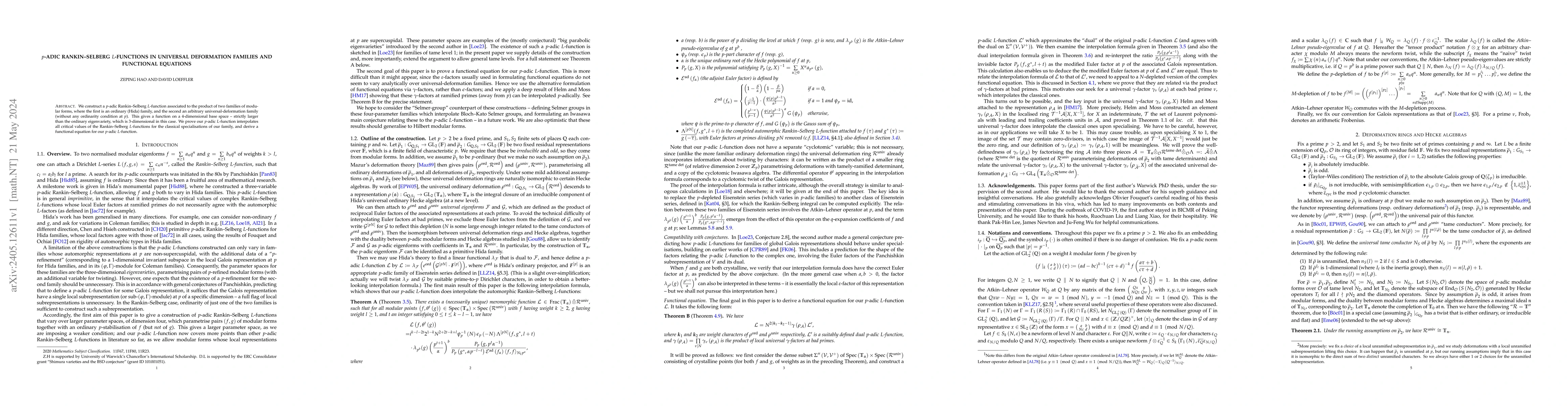Thumbnail for P-adic Rankin-Selberg L-functions in universal deformation families and
  functional equations