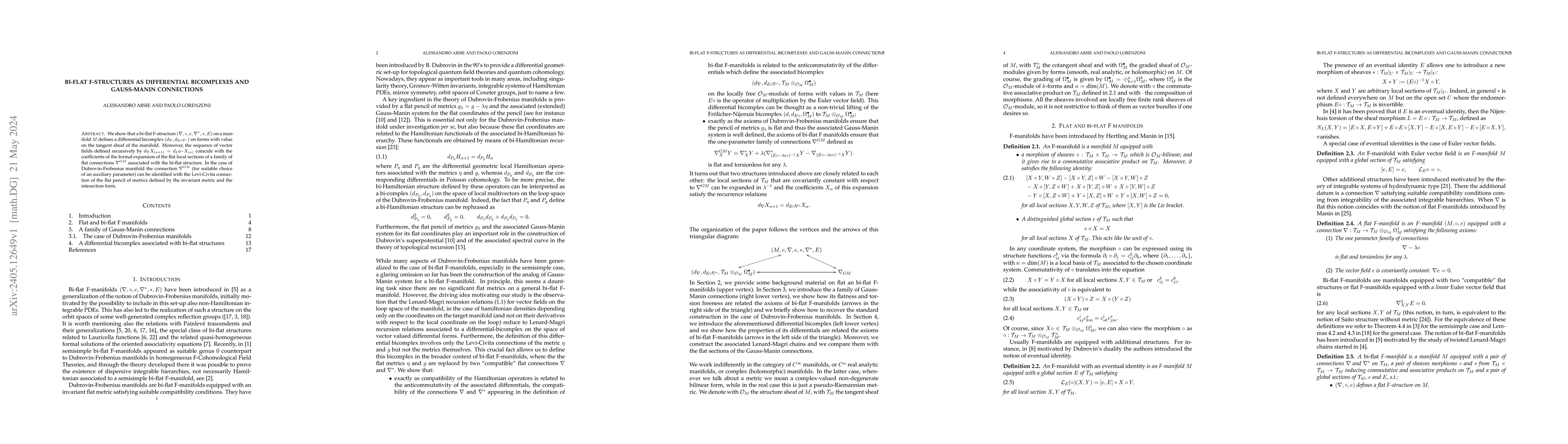 Thumbnail for Bi-flat F-structures as differential bicomplexes and Gauss-Manin
  connections