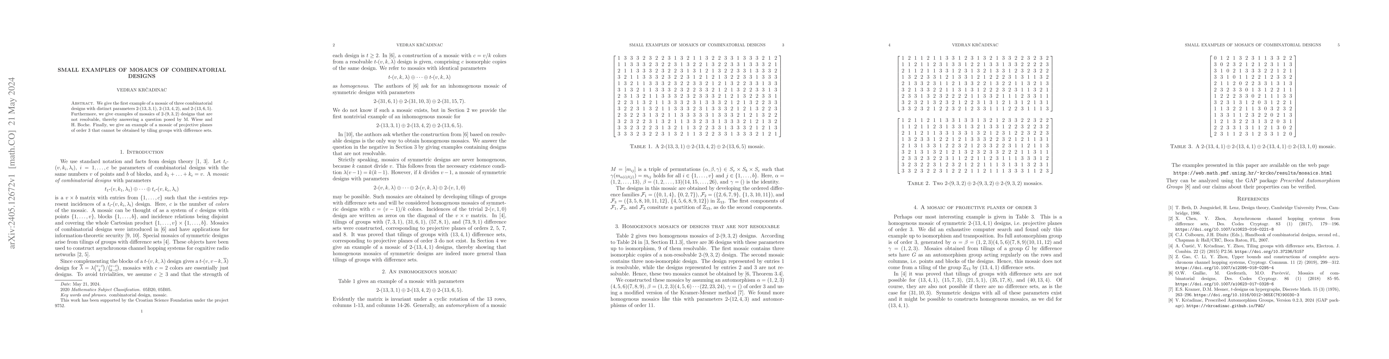 Thumbnail for Small examples of mosaics of combinatorial designs