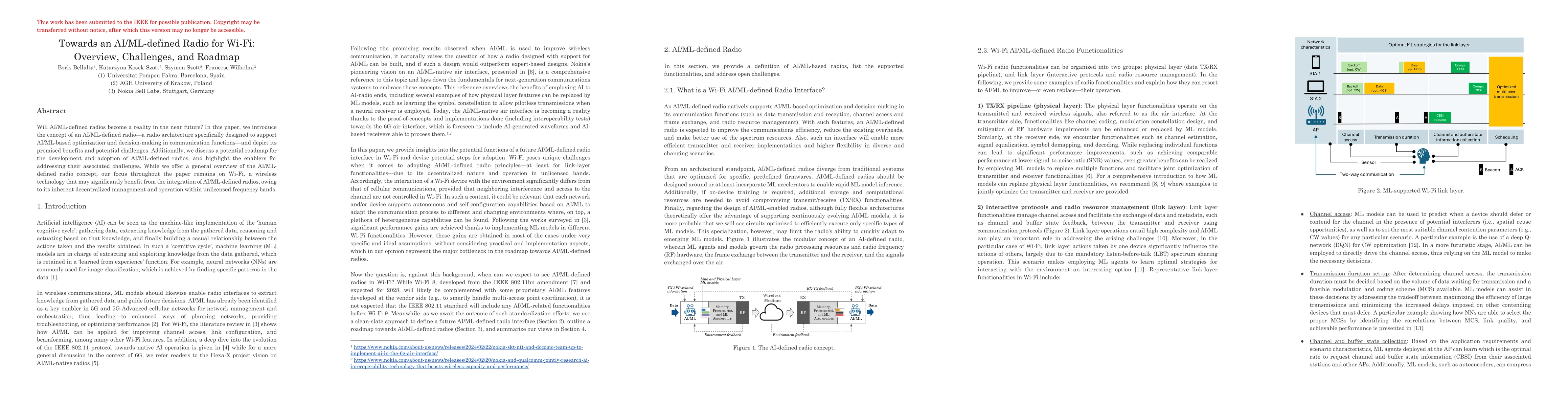Thumbnail for Towards an AI/ML-defined Radio for Wi-Fi: Overview, Challenges, and
  Roadmap