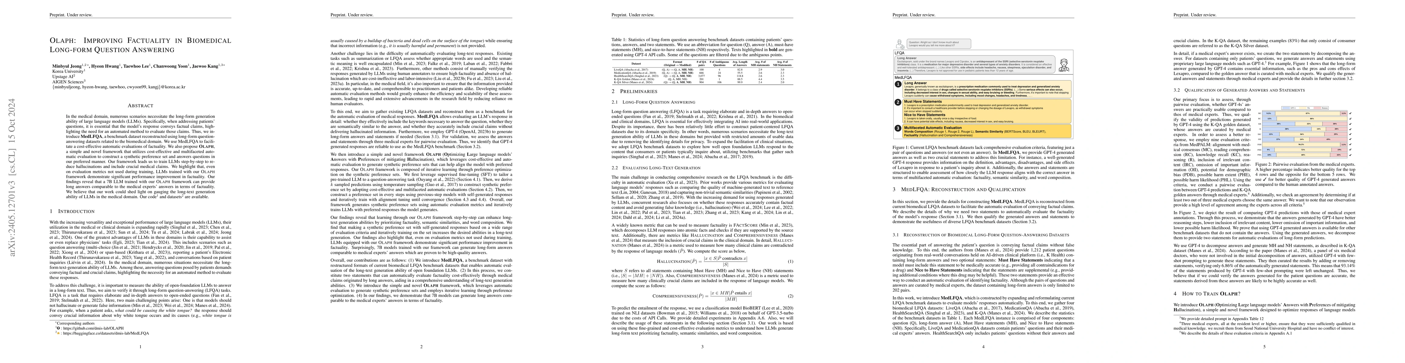 Thumbnail for OLAPH: Improving Factuality in Biomedical Long-form Question Answering