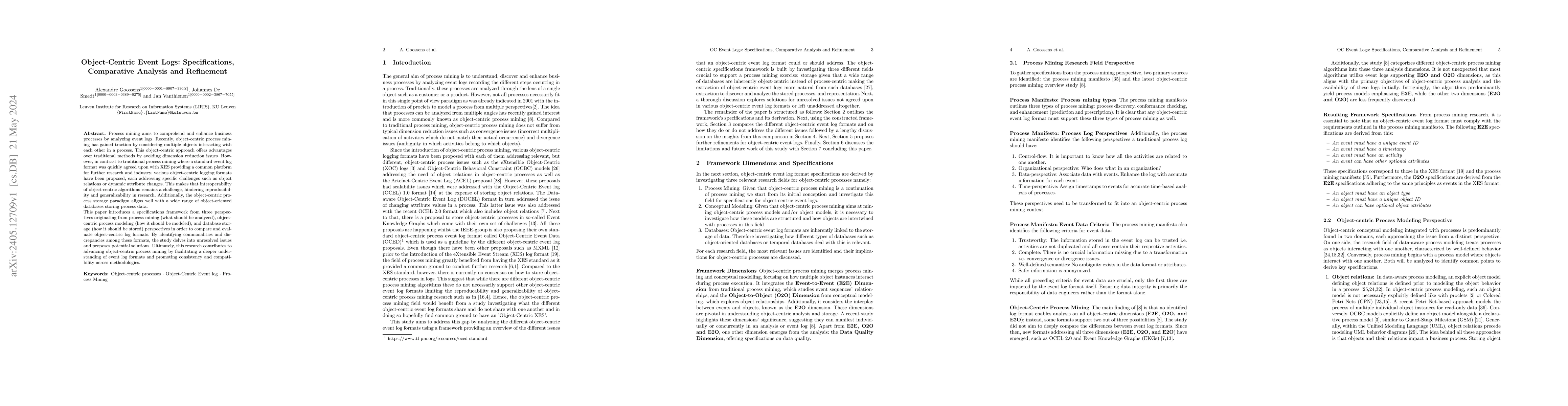 Thumbnail for Object-Centric Event Logs: Specifications, Comparative Analysis and
  Refinement