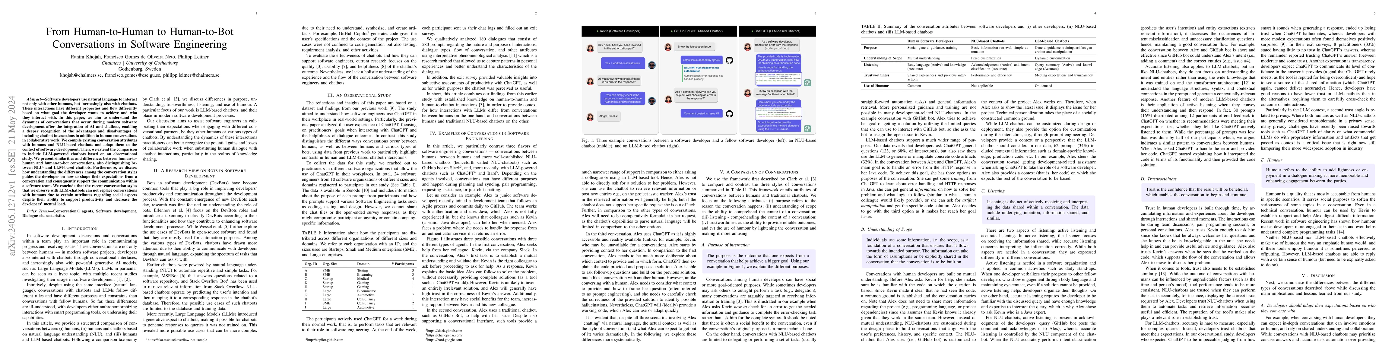 Thumbnail for From Human-to-Human to Human-to-Bot Conversations in Software
  Engineering