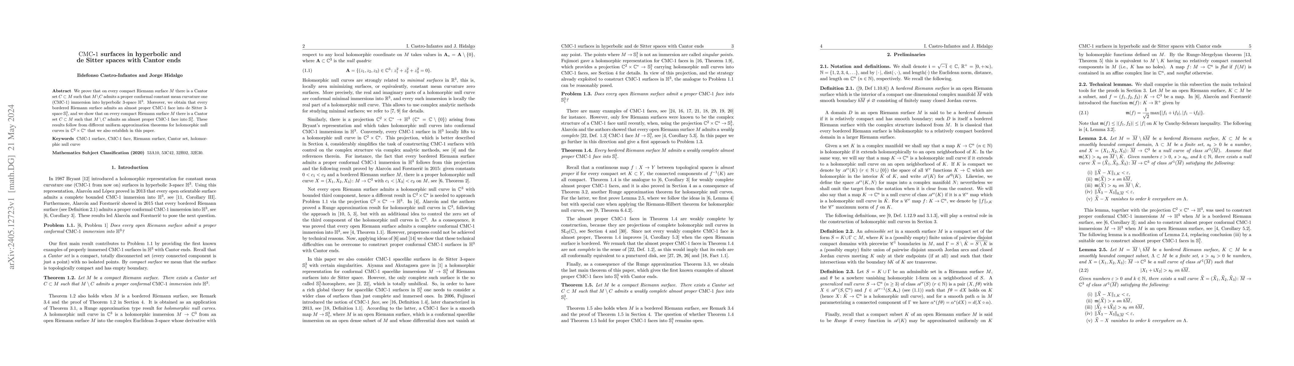 Thumbnail for $\mathrm{CMC\text{-}1}$ surfaces in hyperbolic and de Sitter spaces with
  Cantor ends