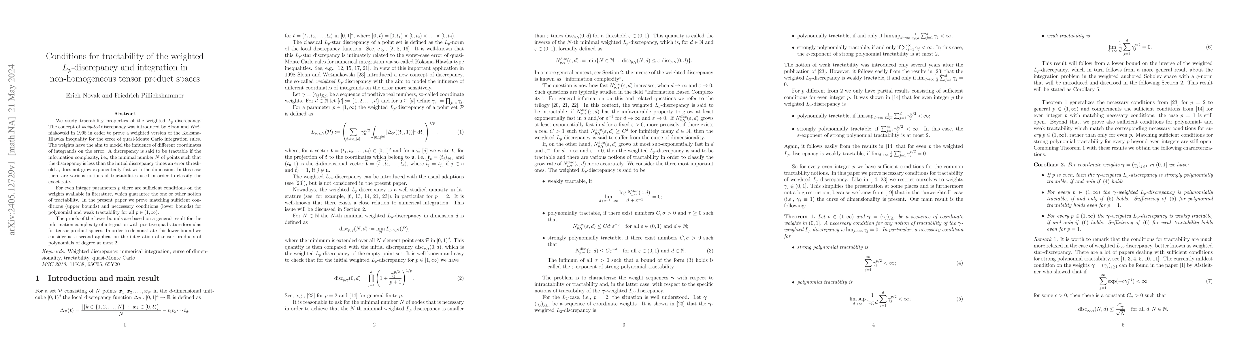 Thumbnail for Conditions for tractability of the weighted $L_p$-discrepancy and
  integration in non-homogeneous tensor product spaces