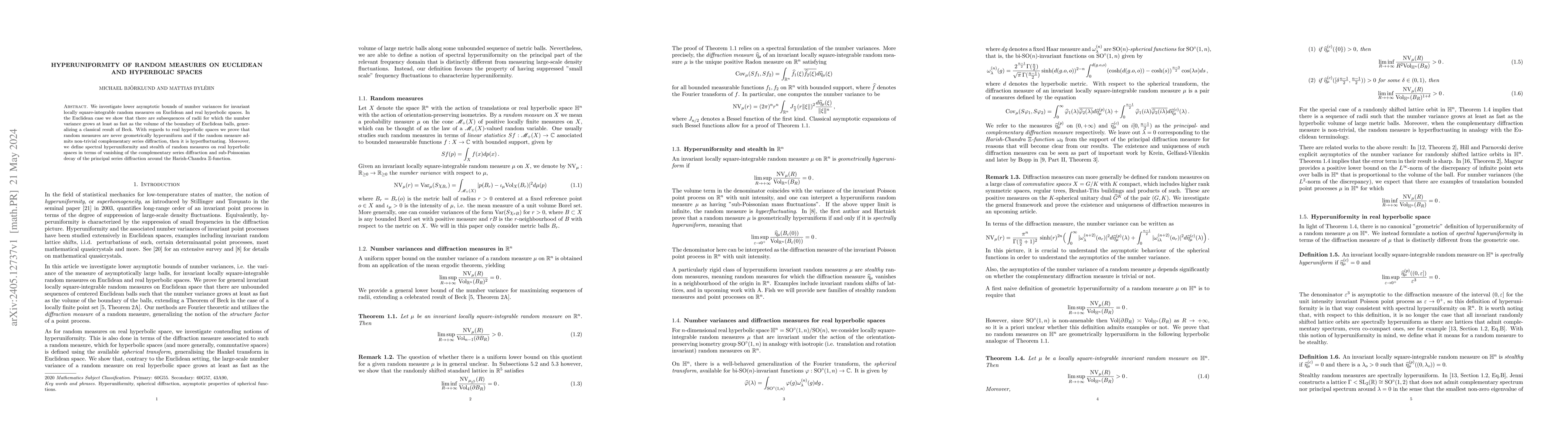 Thumbnail for Hyperuniformity of random measures on Euclidean and hyperbolic spaces