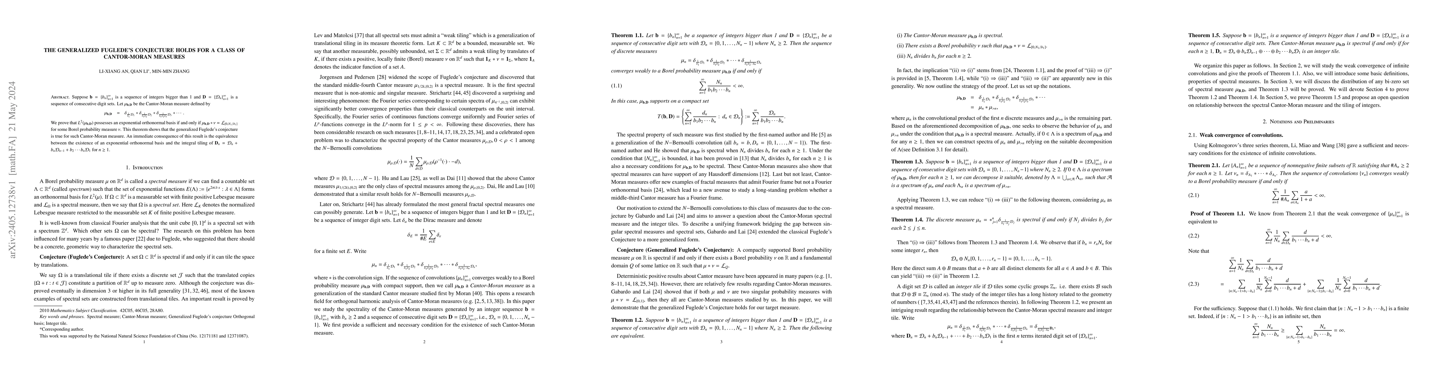 Thumbnail for The generalized Fuglede's conjecture holds for a class of Cantor-Moran
  measures