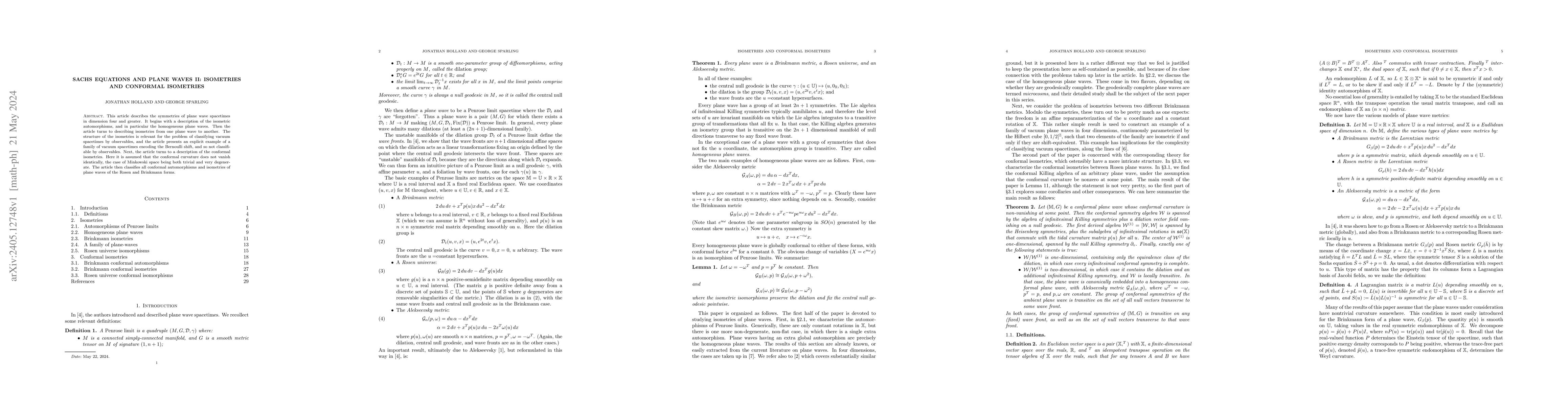 Thumbnail for Sachs equations and plane waves II: Isometries and conformal isometries