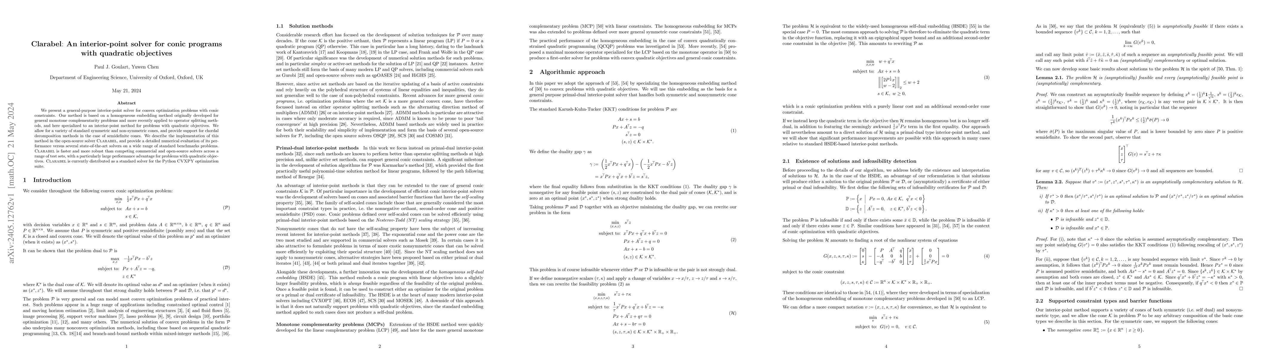 Thumbnail for Clarabel: An interior-point solver for conic programs with quadratic
  objectives