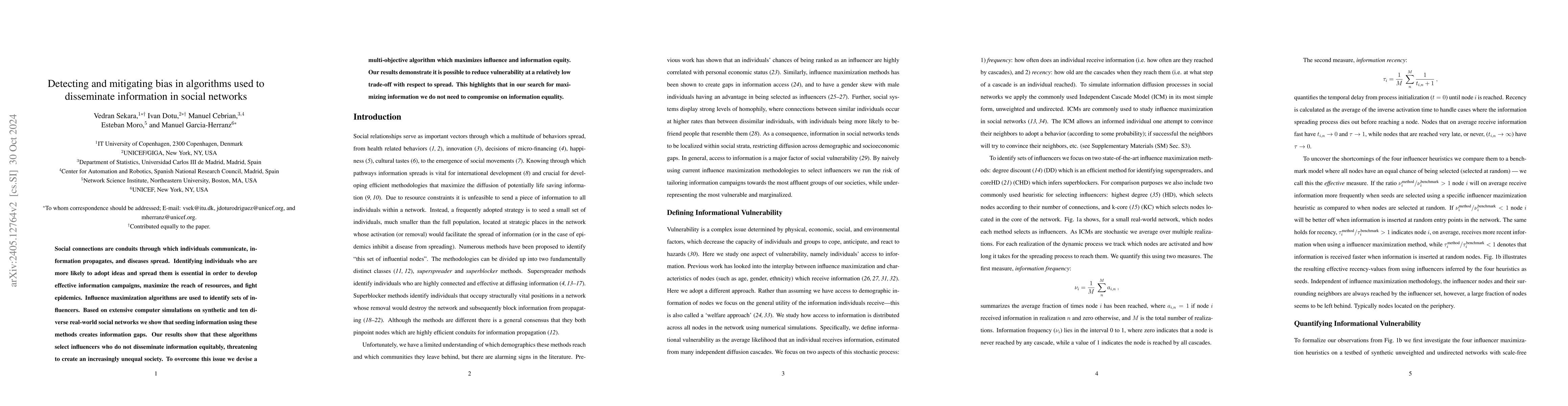 Thumbnail for Detecting and Mitigating Bias in Algorithms Used to Disseminate
  Information in Social Networks