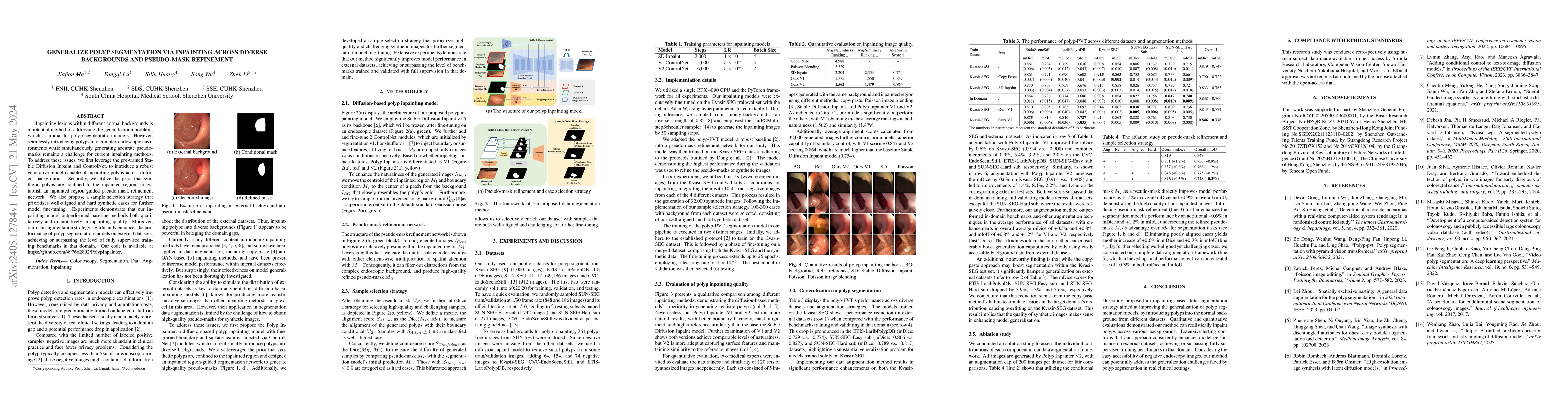 Thumbnail for Generalize Polyp Segmentation via Inpainting across Diverse Backgrounds
  and Pseudo-Mask Refinement