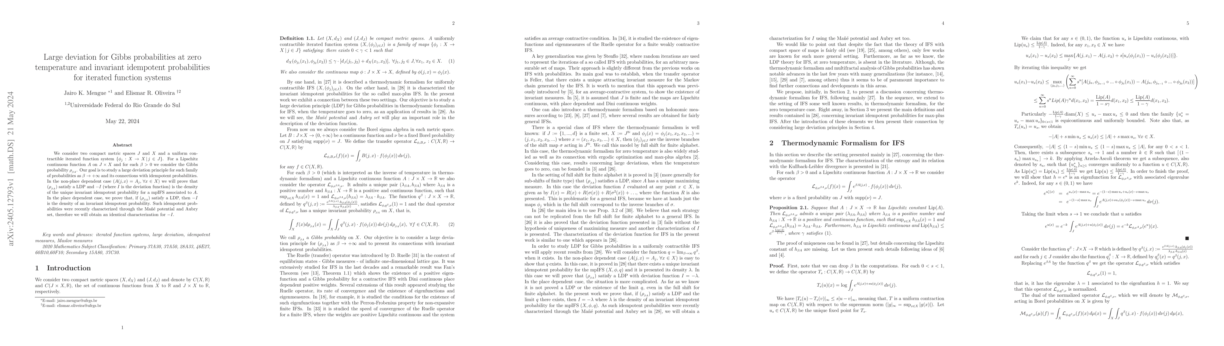 Thumbnail for Large deviation for Gibbs probabilities at zero temperature and
  invariant idempotent probabilities for iterated function systems