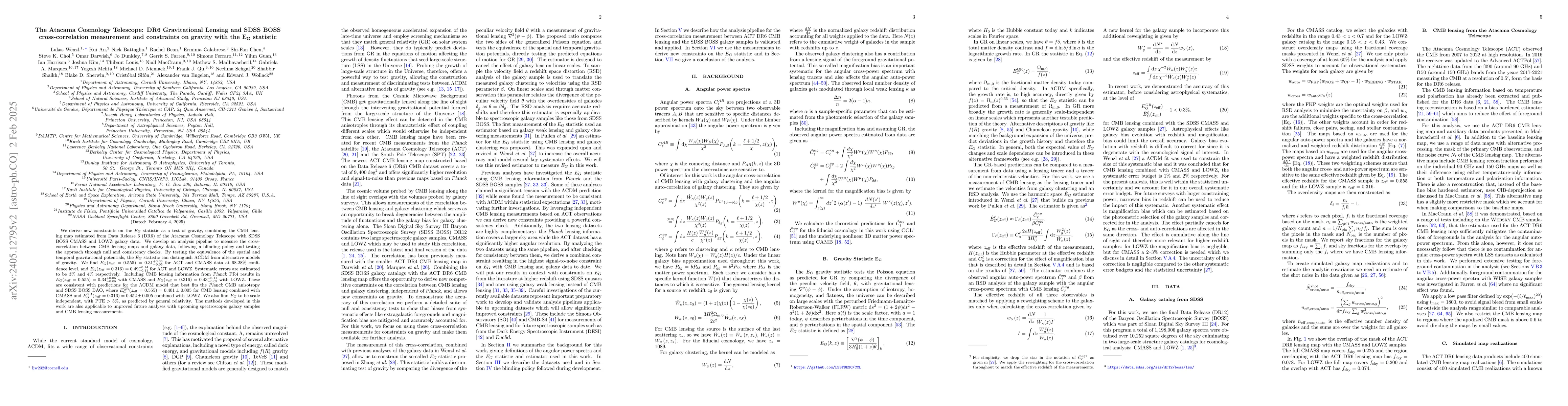 Thumbnail for The Atacama Cosmology Telescope: DR6 Gravitational Lensing and SDSS BOSS
  cross-correlation measurement and constraints on gravity with the $E_G$
  statistic