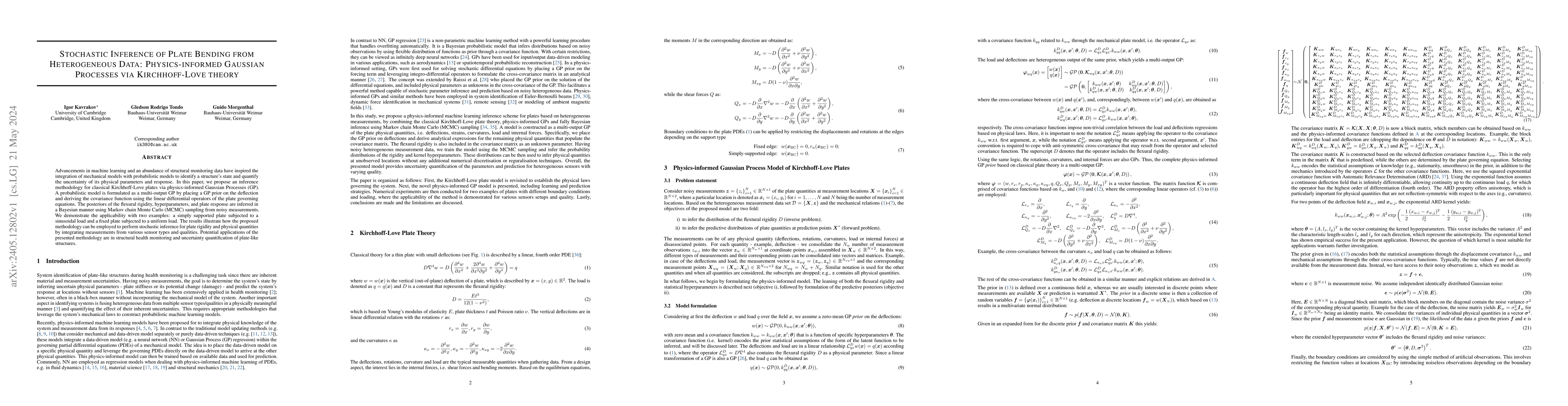 Thumbnail for Stochastic Inference of Plate Bending from Heterogeneous Data:
  Physics-informed Gaussian Processes via Kirchhoff-Love Theory
