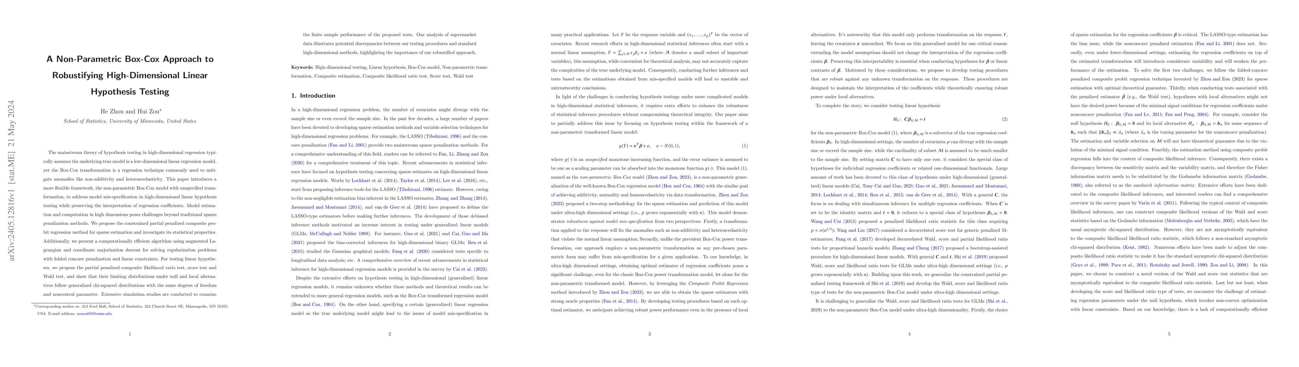 Thumbnail for A Non-Parametric Box-Cox Approach to Robustifying High-Dimensional
  Linear Hypothesis Testing