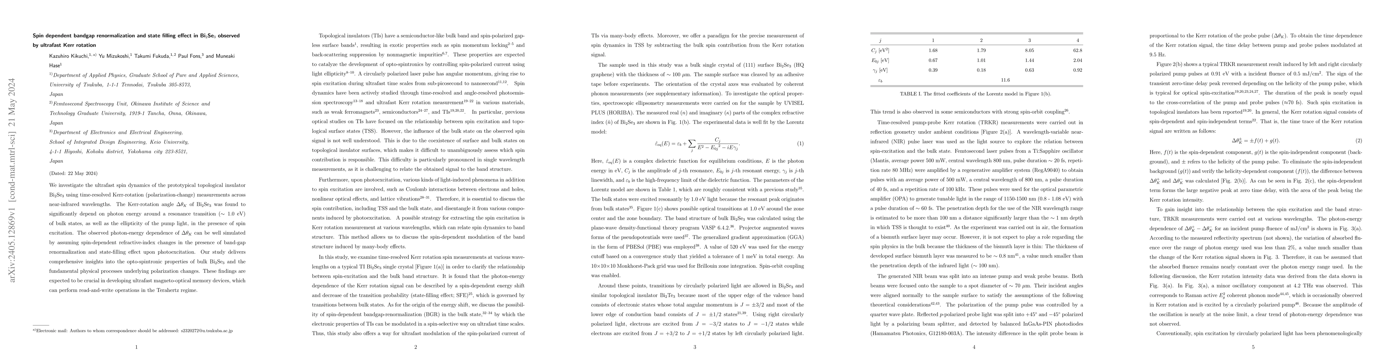 Thumbnail for Spin dependent bandgap renormalization and state filling effect in
  Bi$_2$Se$_3$ observed by ultrafast Kerr rotation