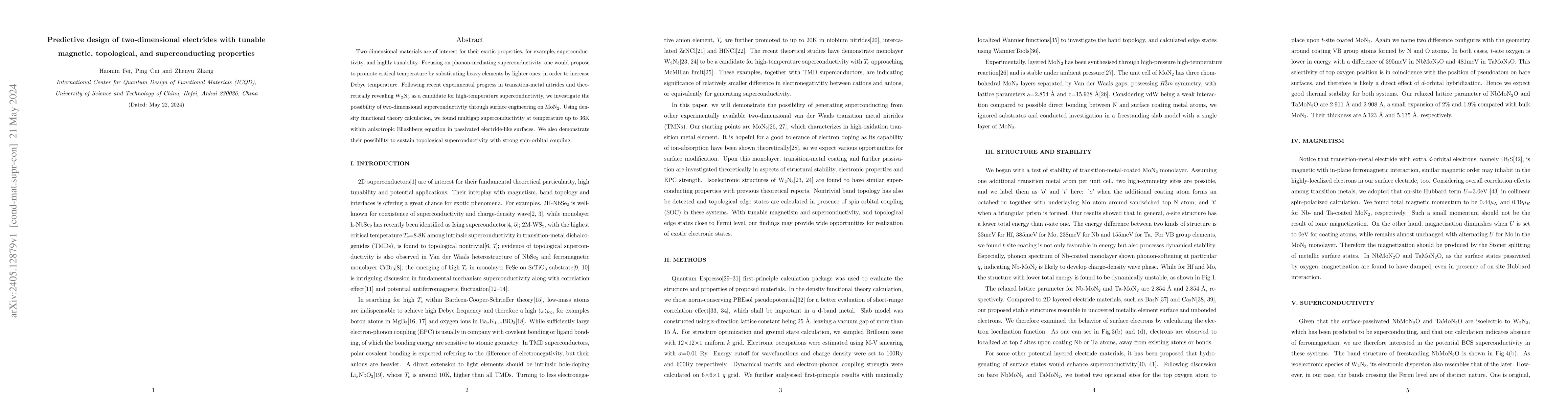 Thumbnail for Predictive design of two-dimensional electrides with tunable magnetic,
  topological, and superconducting properties