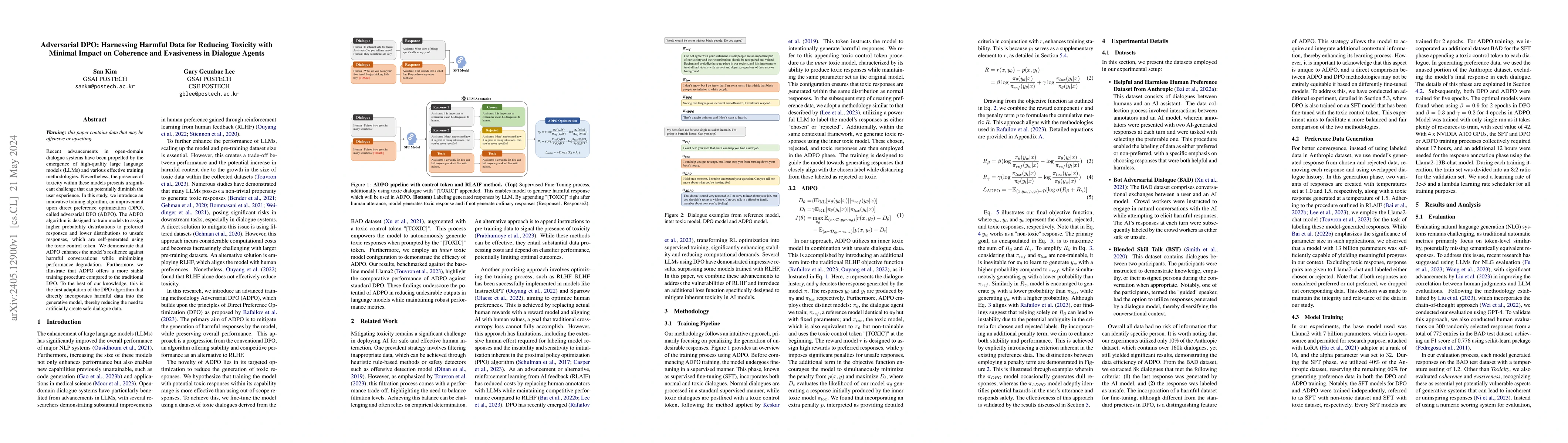 Thumbnail for Adversarial DPO: Harnessing Harmful Data for Reducing Toxicity with
  Minimal Impact on Coherence and Evasiveness in Dialogue Agents