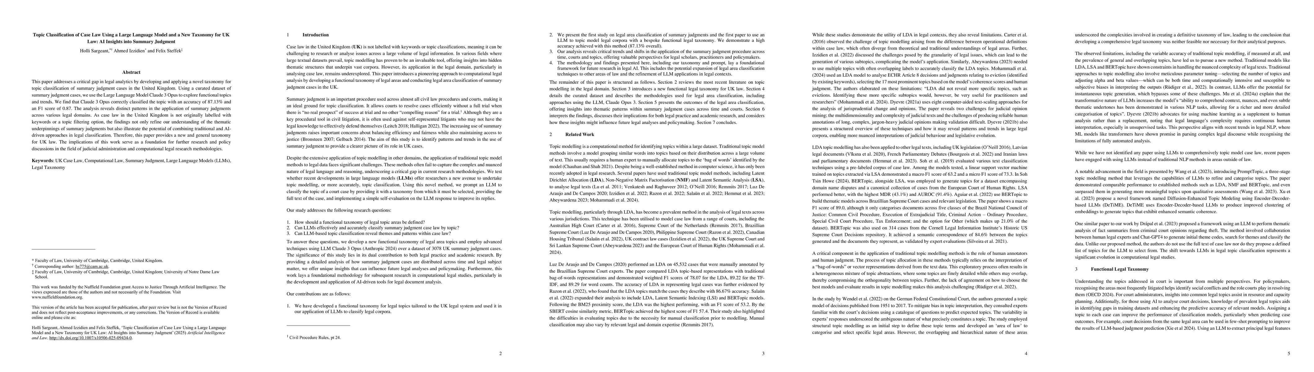 Thumbnail for Topic Modelling Case Law Using a Large Language Model and a New Taxonomy
  for UK Law: AI Insights into Summary Judgment