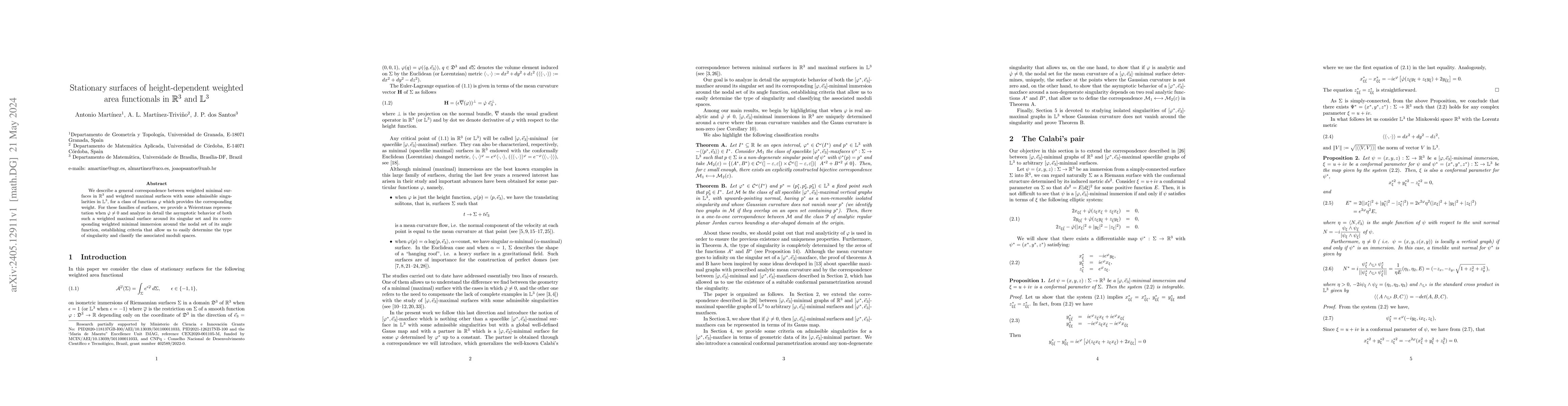 Thumbnail for Stationary surfaces of height-dependent weighted area functionals in
  $\mathbb{R}^3$ and $\mathbb{L}^3$