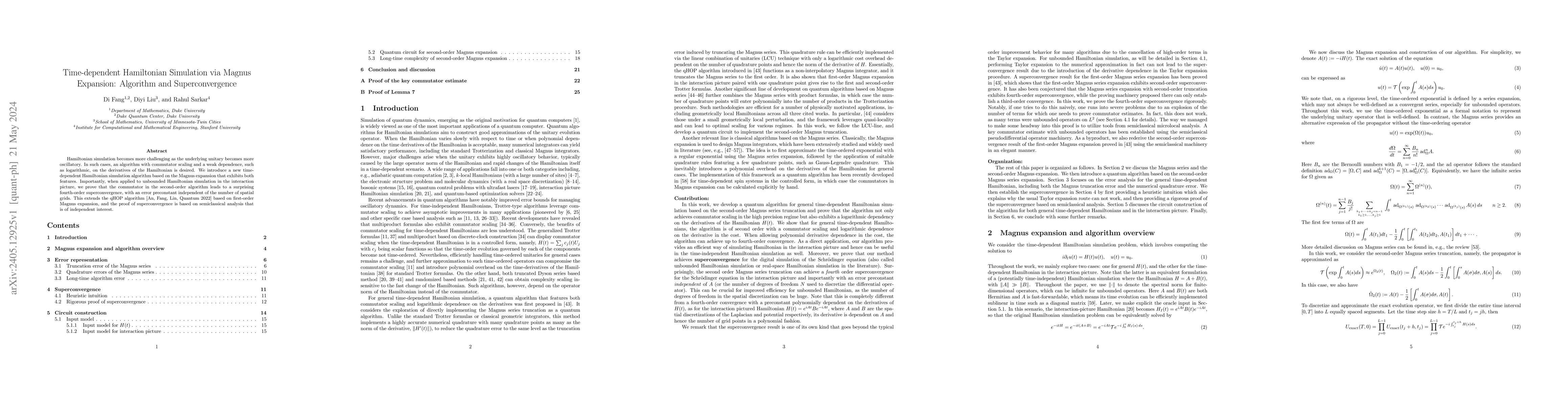 Thumbnail for Time-dependent Hamiltonian Simulation via Magnus Expansion: Algorithm
  and Superconvergence