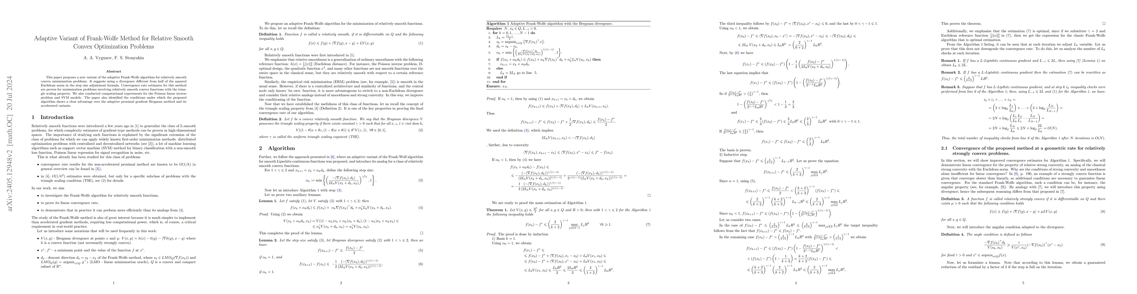 Thumbnail for Adaptive Variant of Frank-Wolfe Method for Relative Smooth Convex
  Optimization Problems