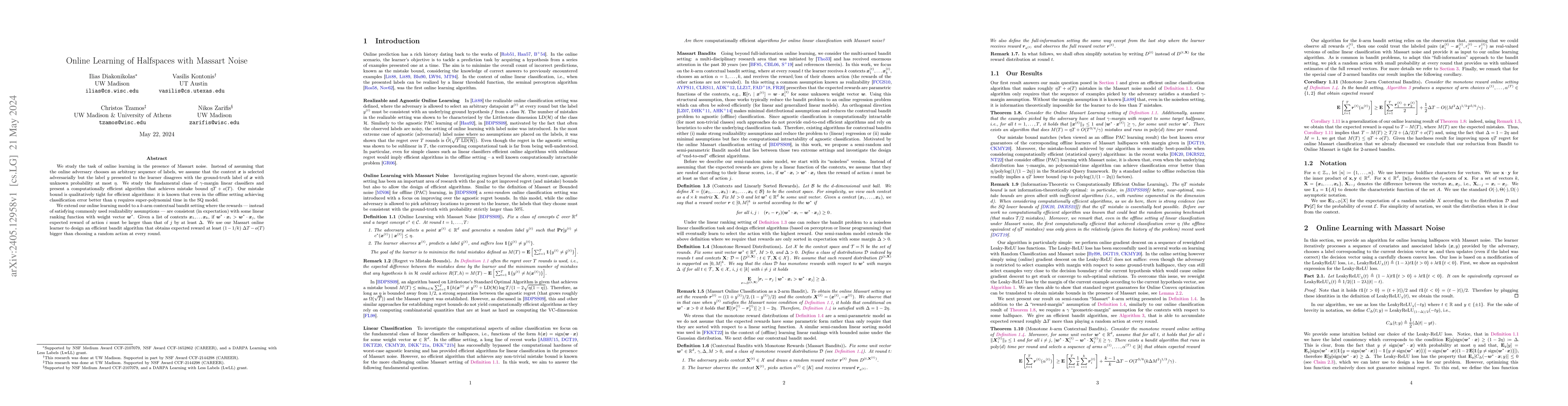 Thumbnail for Online Learning of Halfspaces with Massart Noise