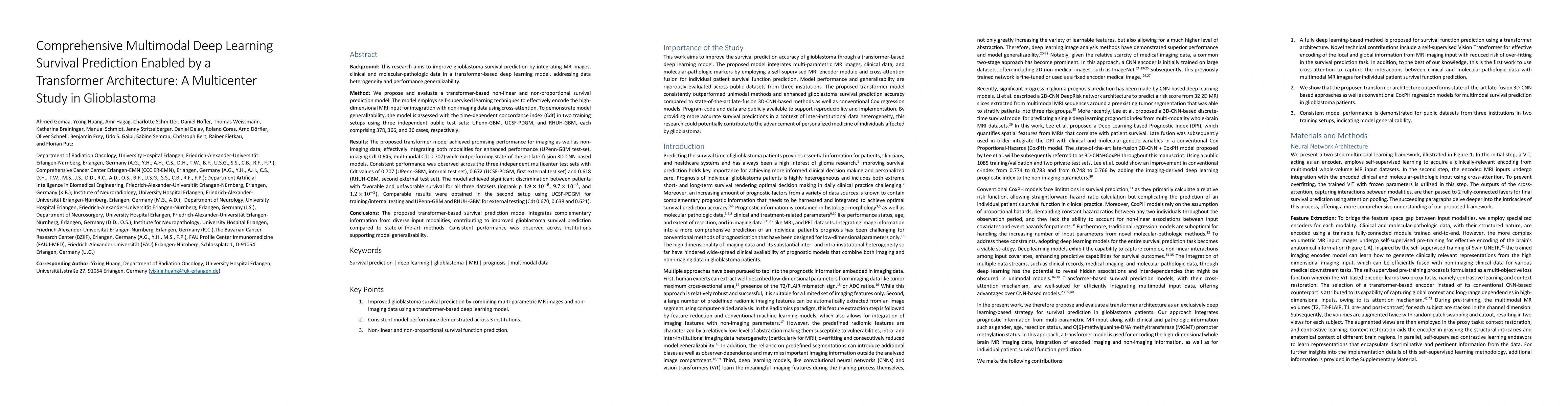 Thumbnail for Comprehensive Multimodal Deep Learning Survival Prediction Enabled by a
  Transformer Architecture: A Multicenter Study in Glioblastoma