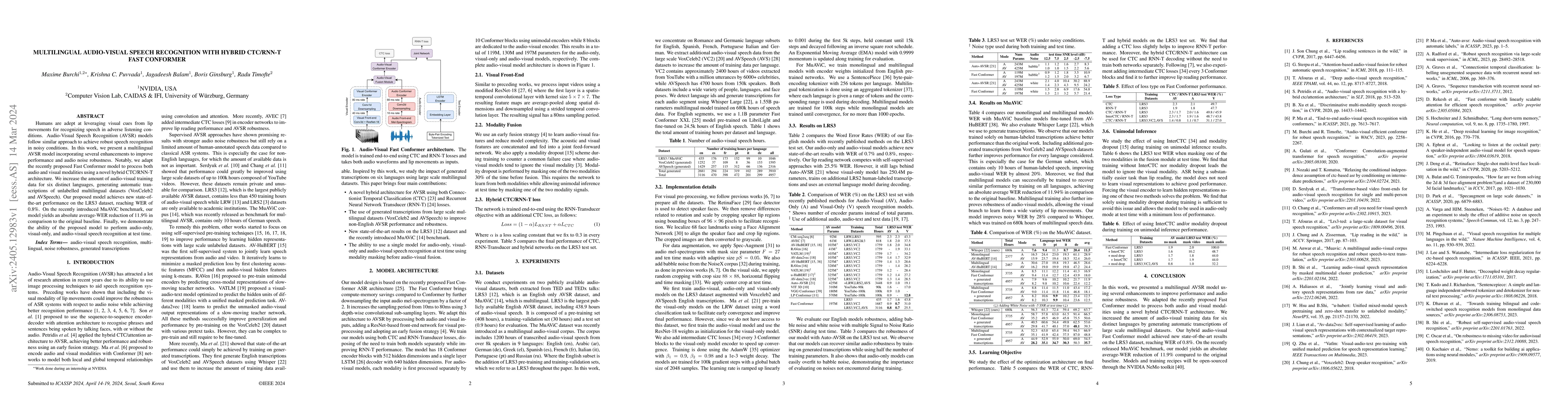 Thumbnail for Multilingual Audio-Visual Speech Recognition with Hybrid CTC/RNN-T Fast
  Conformer