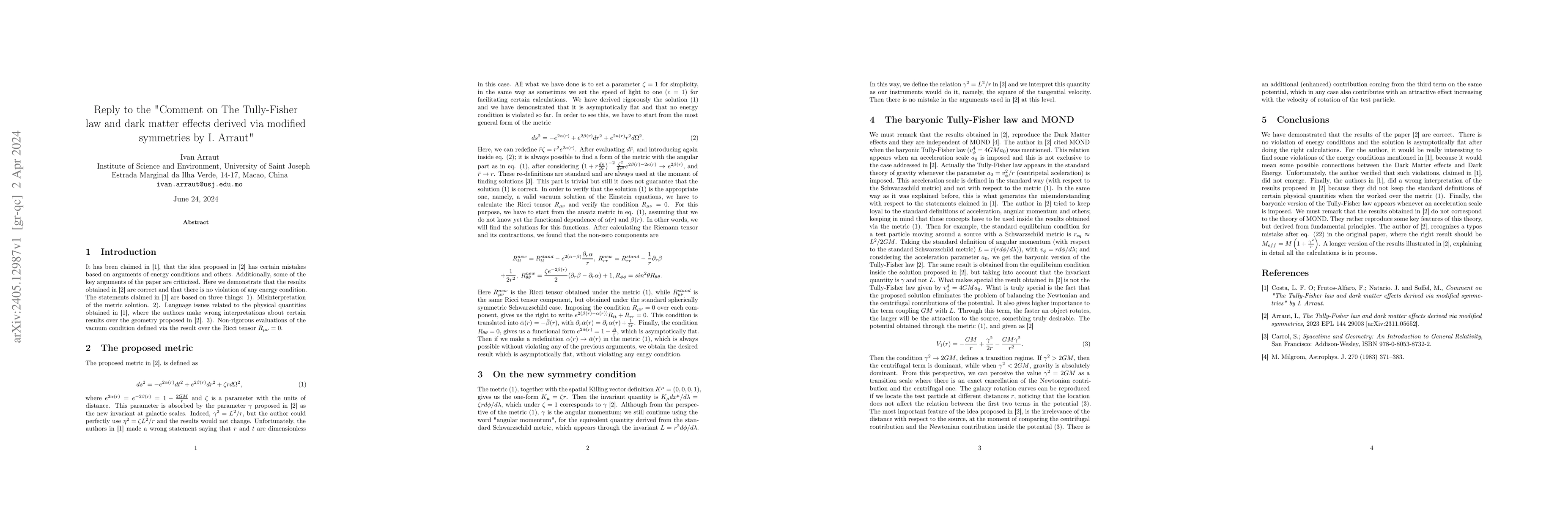Thumbnail for Reply to the "Comment on The Tully-Fisher law and dark matter effects
  derived via modified symmetries by I. Arraut"