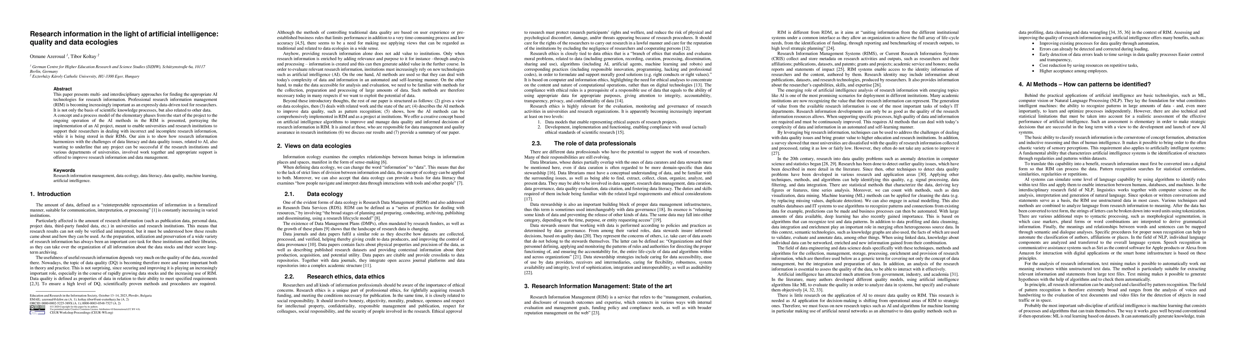 Thumbnail for Research information in the light of artificial intelligence: quality
  and data ecologies