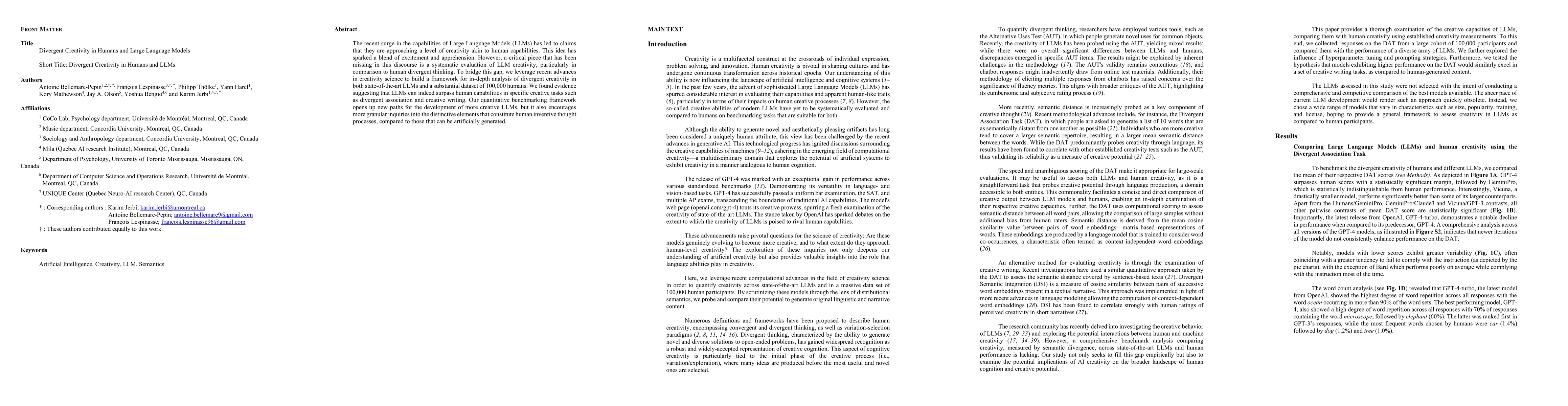 Thumbnail for Divergent Creativity in Humans and Large Language Models