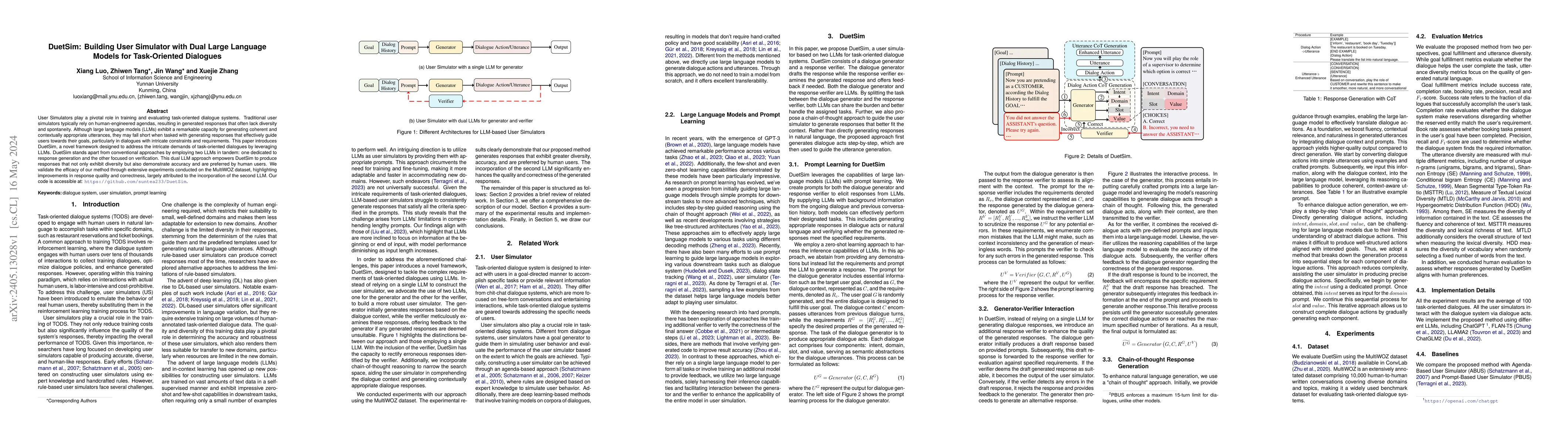 Thumbnail for DuetSim: Building User Simulator with Dual Large Language Models for
  Task-Oriented Dialogues