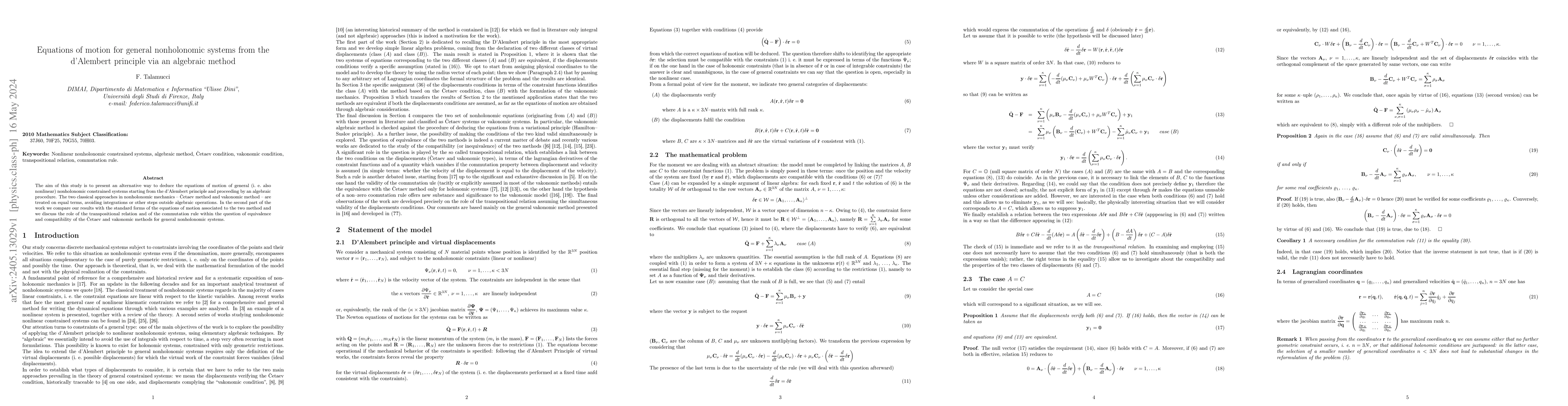 Thumbnail for Equations of motion for general nonholonomic systems from the d'Alembert
  principle via an algebraic method