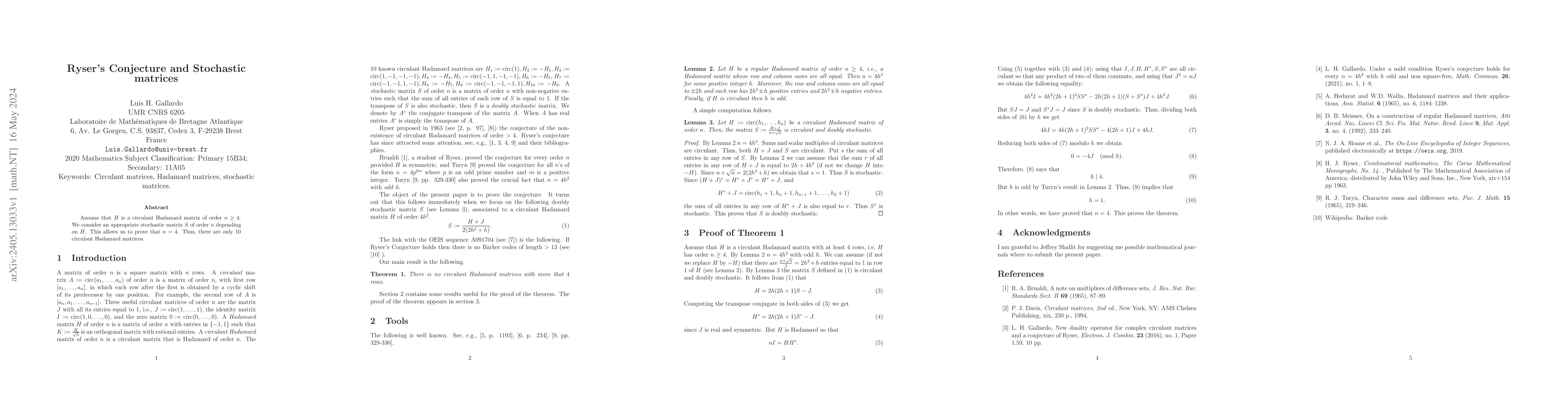 Thumbnail for Ryser's Conjecture and Stochastic matrices