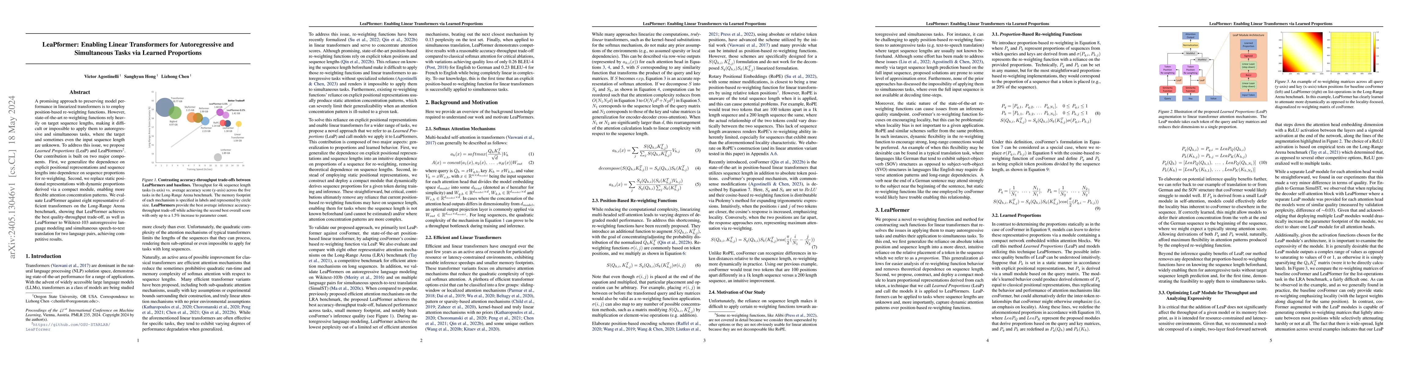 Thumbnail for LeaPformer: Enabling Linear Transformers for Autoregressive and
  Simultaneous Tasks via Learned Proportions